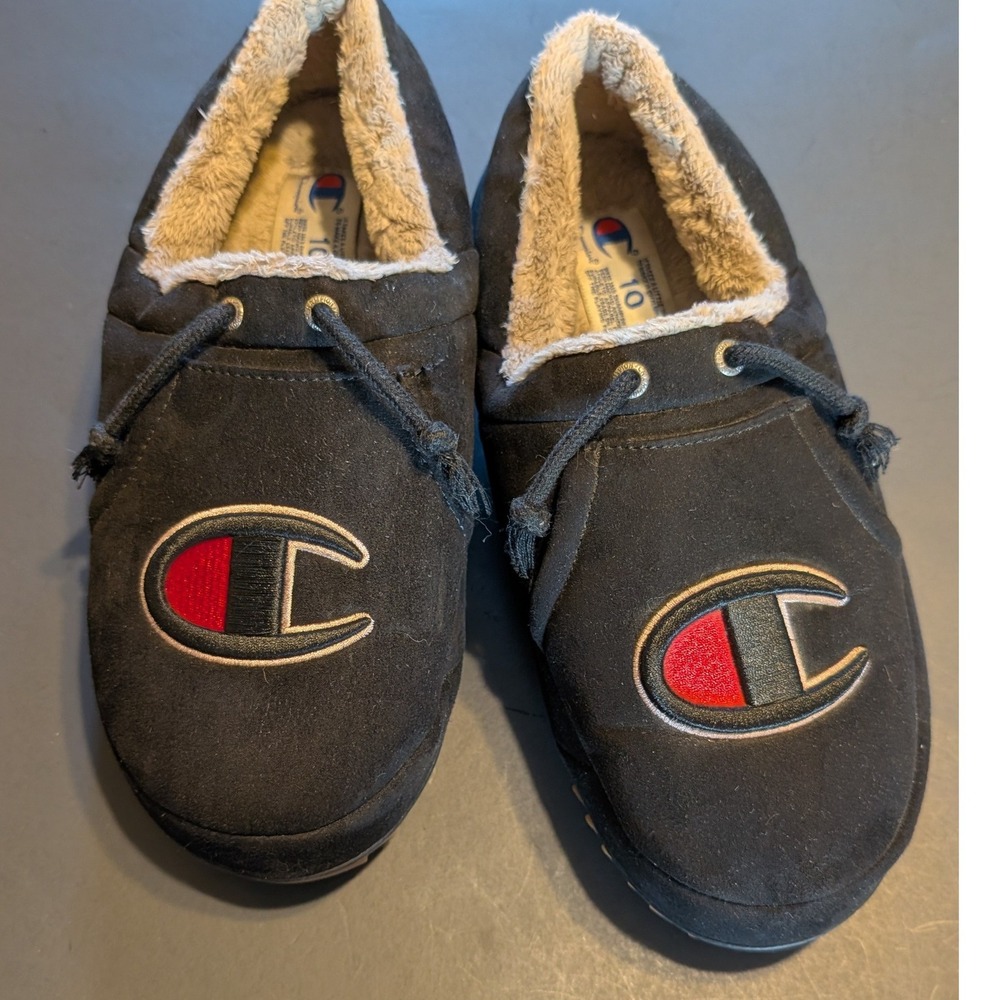 Champion University Microsuede Faux Fur Slippers Black Size 10 Gorpcore Retro